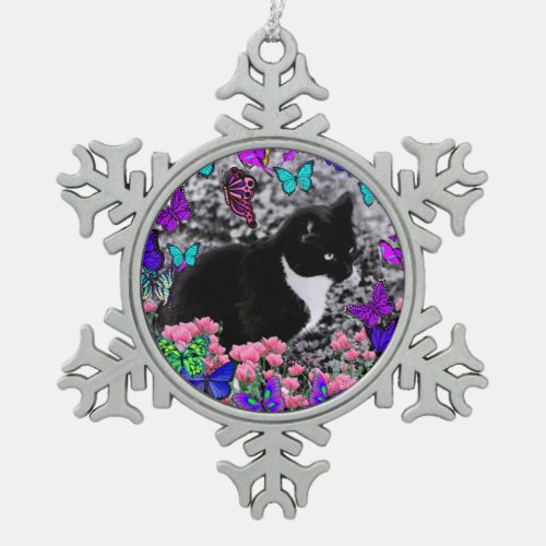 Freckles in Butterflies III, Tux Kitty Cat Snowflake Pewter Christmas Ornament