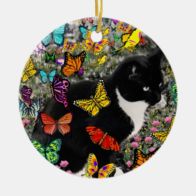 Freckles in Butterflies - Tuxedo Kitty Ceramic Ornament (Front)