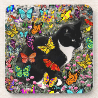 Freckles in Butterflies - Tuxedo Kitty Drink Coaster