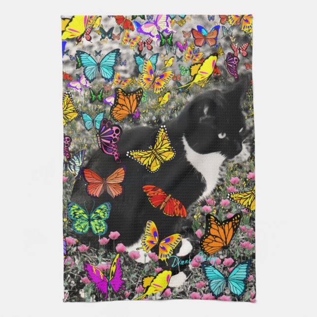 Freckles in Butterflies - Tuxedo Kitty Kitchen Towel (Vertical)
