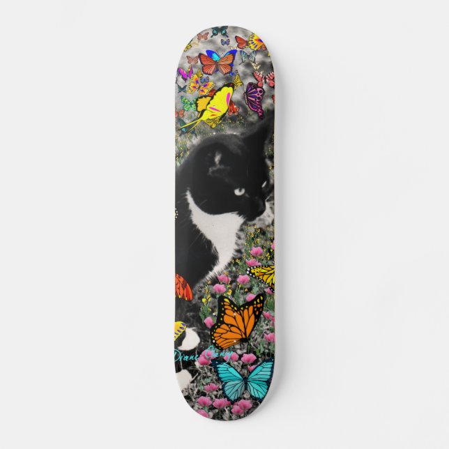 Freckles in Butterflies - Tuxedo Kitty Skateboard Deck (Front)