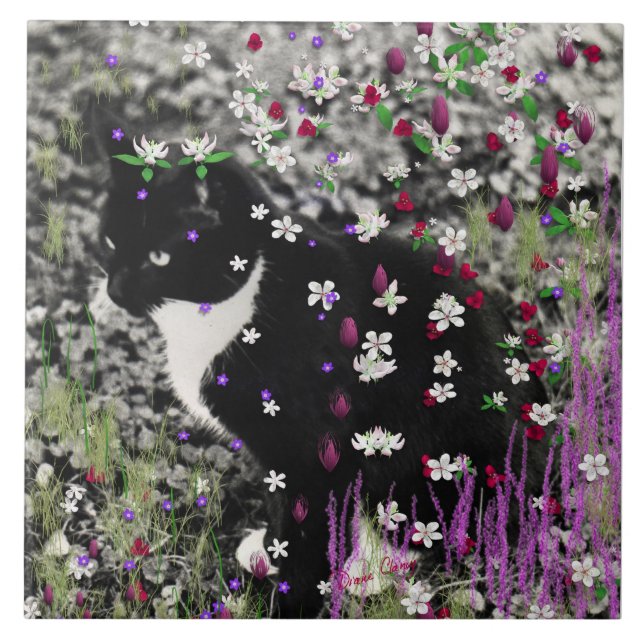 Freckles in Flowers I - Black White Tuxedo Kitty Ceramic Tile (Front)