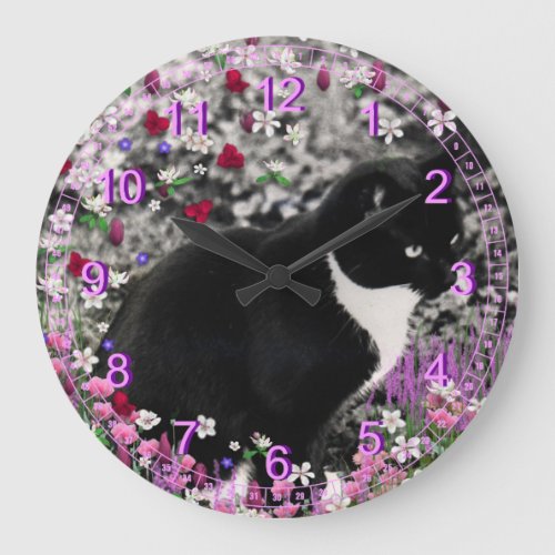 Freckles in Flowers II - Black and White Cat Large Clock