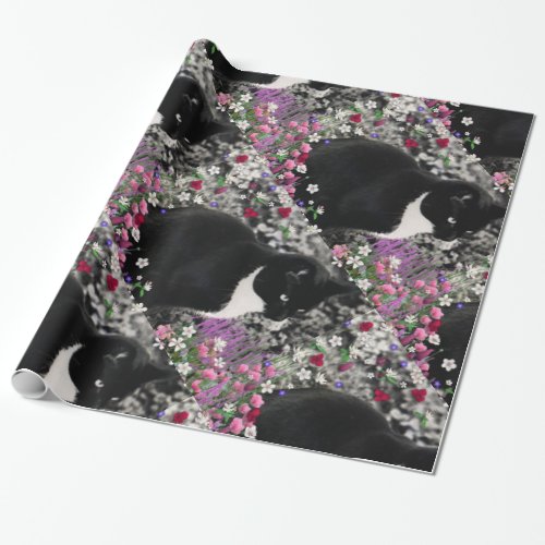 Freckles in Flowers II, Black White Tuxedo Cat Wrapping Paper