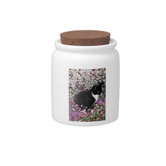 Freckles in Flowers II - Tux Kitty Cat Candy Jar (Front)