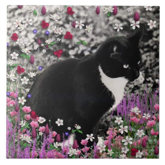 Freckles in Flowers II - Tuxedo Kitty Cat Ceramic Tile (Front)