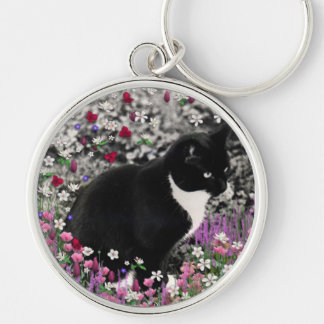 Freckles in Flowers II - Tuxedo Kitty Cat Keychain
