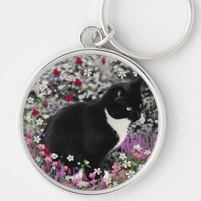 Freckles in Flowers II - Tuxedo Kitty Cat Keychain (Front)