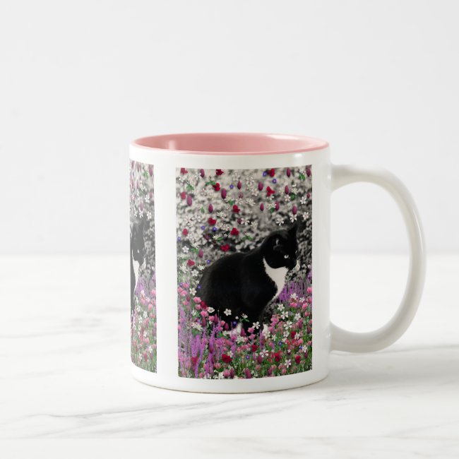 Freckles in Flowers II - Tuxedo Kitty Cat Two-Tone Coffee Mug Freckles in Flowers II - Tuxedo Kitty Cat Two-Tone Coffee Mug