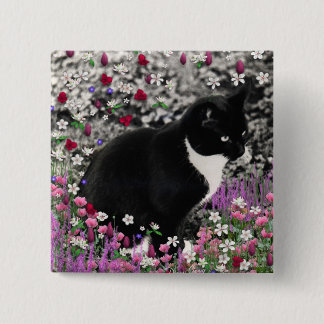 Freckles in Flowers II - Tuxedo Kitty Cat Pinback Button