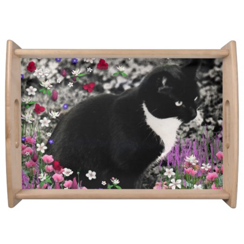 Freckles in Flowers II, Tuxedo Kitty Cat Serving Tray