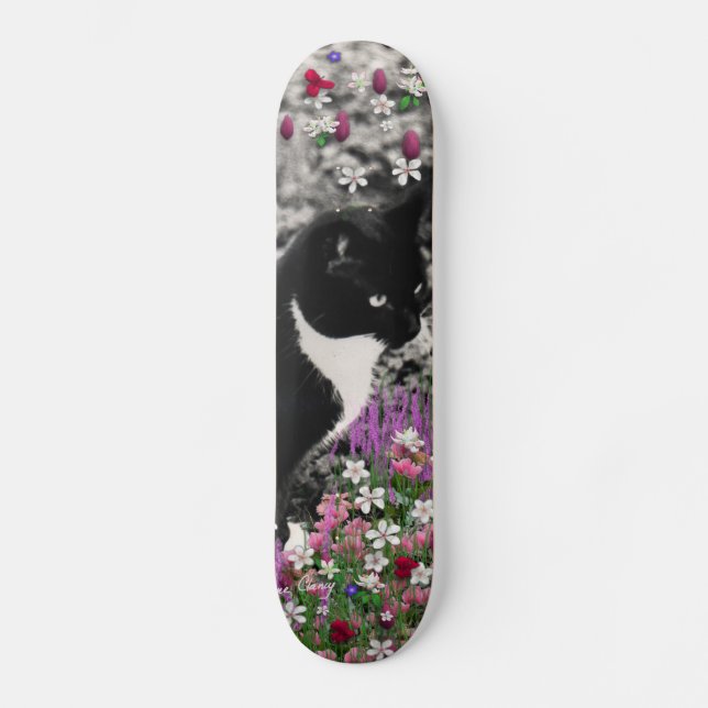Freckles in Flowers II - Tuxedo Kitty Cat Skateboard (Front)