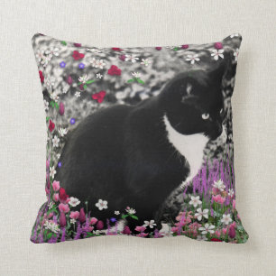 Freckles in Flowers II - Tuxedo Kitty Cat Throw Pillow