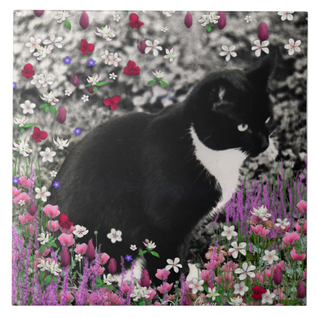 Freckles in Flowers II - Tuxedo Kitty Cat Ceramic Tile Freckles in Flowers II - Tuxedo Kitty Cat Ceramic Tile
