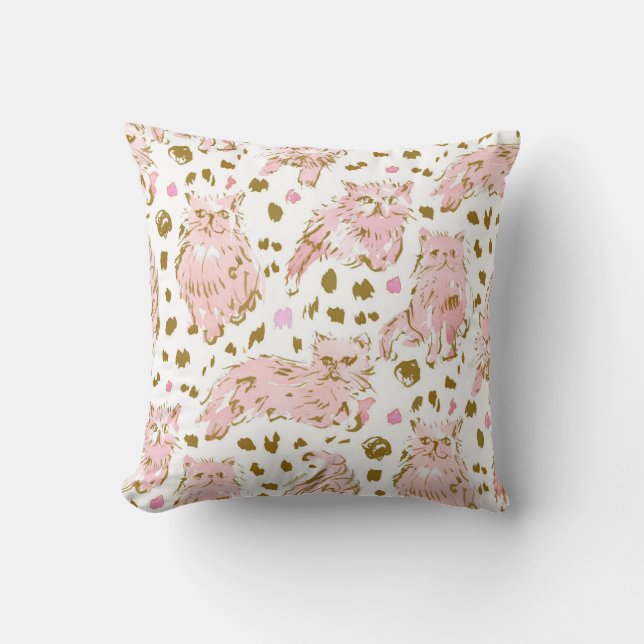 FRED the Kitty Persian Cat Gold Pink Chic Throw Pillow (Front)
