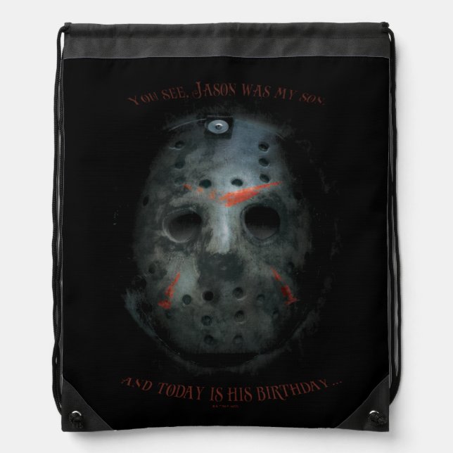 Freddy vs. Jason | Jason Mask Quote Drawstring Bag (Front)