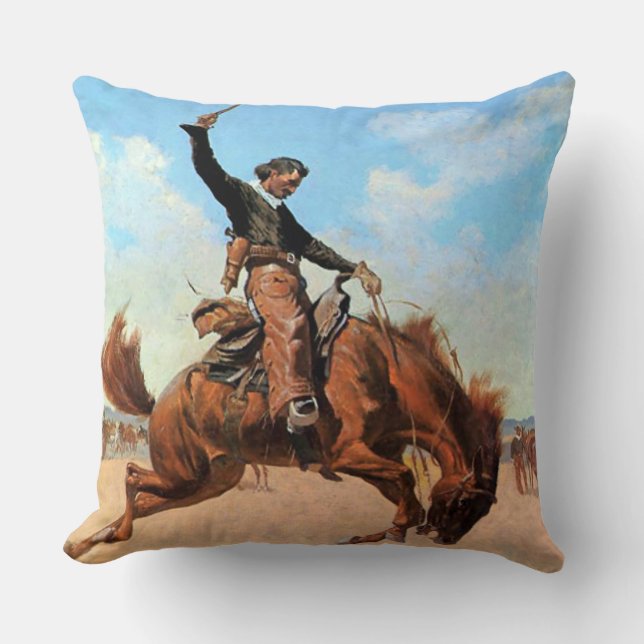 Frederic Remington Western Art “Bronco Buster” Throw Pillow (Front)