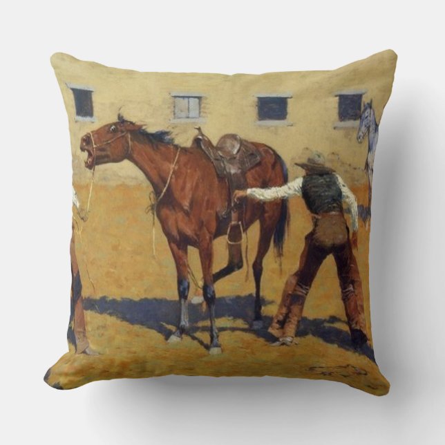 Frederic Remington Western Art “His First Lesson” Throw Pillow (Front)