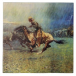 Frederic Remington Western Art “The Stampede” Tile<br><div class="desc">Frederic Remington was an American painter, illustrator, sculptor, and writer best known for his art depicting the cowboys, soldiers and Native Americans of the Old West. A native of Canton, New York, Remington found inspiration in these subjects from an early age. He loved the idea of the frontier and traveled...</div>