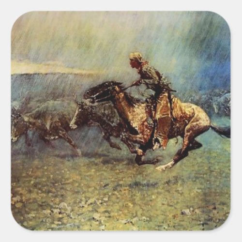 Frederick Remington Western Art The Stampede Square Sticker