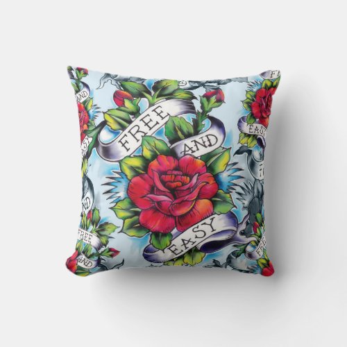 Free and Easy Americana Tattoo Rose pillow Throw Pillow