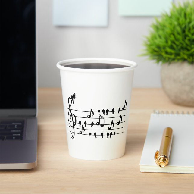 Free as a bird, song birds acting as musical notes paper cups (Insitu)