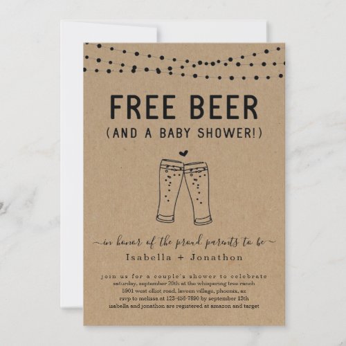 Free Beer and a Baby Shower Couples Gender Neutral Invitation - Free Beer (And a Baby Shower!)  Funny invitation wording for a fun Baby Shower.  The beer toast artwork is hand-drawn on a wonderfully rustic kraft background.

Coordinating RSVP, Details, Registry, Thank You cards and other items are available in the 'Rustic Brewery Line Art' Collection within my store.