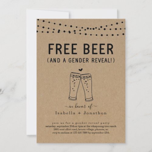 Free Beer and a Gender Reveal Party / Shower Invitation - Free Beer (And a Gender Reveal!)  Funny invitation wording for a fun Gender Reveal Party.  The beer toast artwork is hand-drawn on a wonderfully rustic kraft background.

Coordinating RSVP, Details, Registry, Thank You cards and other items are available in the 'Rustic Brewery Line Art' Collection within my store.