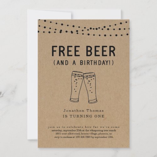 Free Beer Funny Girl Boy First 1st Birthday Party Invitation - Free Beer (And a Birthday!)  Funny invitation wording for a fun 1st birthday party . . . in which the adults are celebrating reaching the end of fulfilling yet tiring year!  The beer toast artwork is hand-drawn on a wonderfully rustic kraft background.

Coordinating RSVP, Details, Registry, Thank You cards and other items are available in the 'Rustic Brewery Line Art' Collection within my store.
