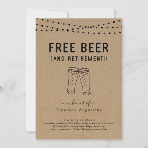 Free Beer Funny Retirement Party Invitation - Free Beer (And Retirement!)  Funny invitation wording for a fun retirement party.  The beer toast artwork is hand-drawn on a wonderfully rustic kraft background.

Coordinating RSVP, Details, Registry, Thank You cards and other items are available in the 'Rustic Brewery Line Art' Collection within my store.