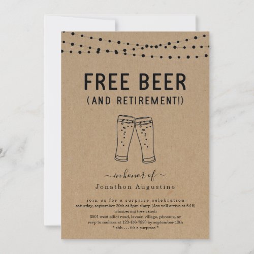 Free Beer Funny Surprise Retirement Party Invitation - Free Beer (And Retirement!)  Funny invitation wording for a fun surprise retirement party.  The beer toast artwork is hand-drawn on a wonderfully rustic kraft background.

Coordinating RSVP, Details, Registry, Thank You cards and other items are available in the 'Rustic Brewery Line Art' Collection within my store.