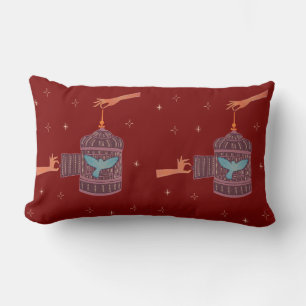 Free Bird Birdcage Folk Art Hands and Blue Bird Lumbar Pillow