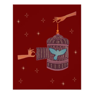 Free Bird Birdcage Folk Art Hands and Blue Bird Poster