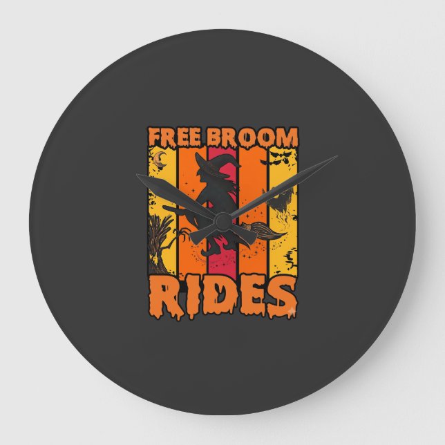 Free Broom Rides Halloween Flying Witch Ghost Bats Large Clock (Front)