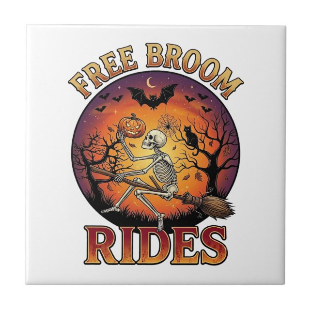 Free Broom Rides Halloween Skeleton Pumpkin Black  Ceramic Tile (Front)