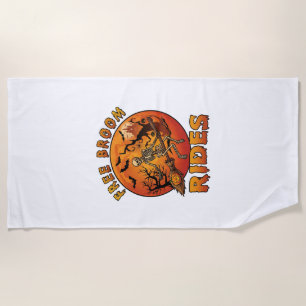 Free Broom Rides Halloween Skeleton Pumpkin Orange Beach Towel