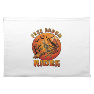Free Broom Rides Halloween Skeleton Pumpkin Orange Cloth Placemat