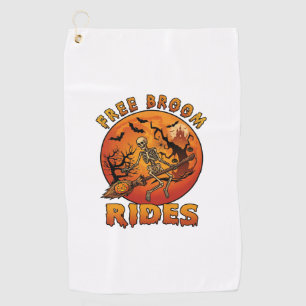 Free Broom Rides Halloween Skeleton Pumpkin Orange Golf Towel