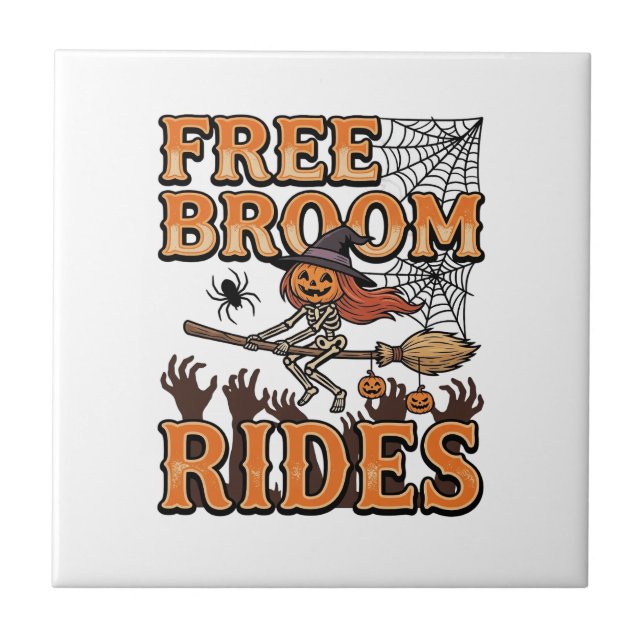Free Broom Rides Halloween Witch Skeleton Design_1 Ceramic Tile (Front)