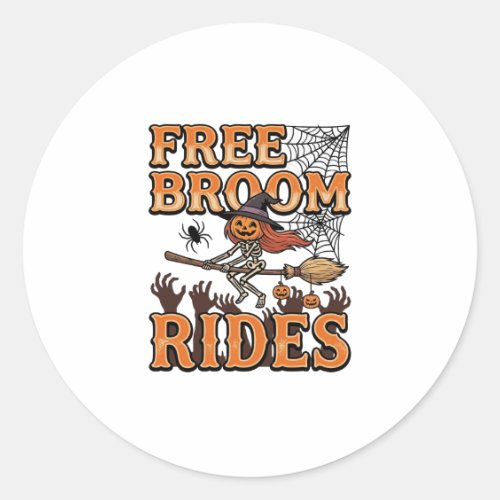 Free Broom Rides Halloween Witch Skeleton Design_1 Classic Round Sticker
