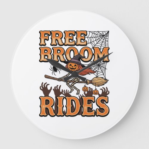 Free Broom Rides Halloween Witch Skeleton Design_1 Large Clock