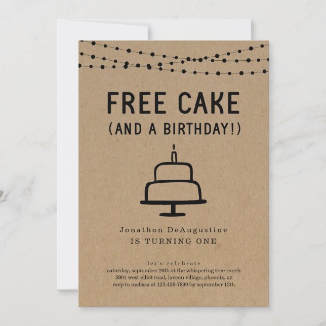 Free Cake Funny 1st Birthday Party Invitation (Front)