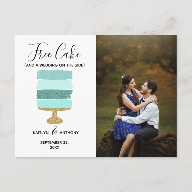 Free Cake Funny Modern Photo Wedding Save The Date Announcement Postcard (Front)