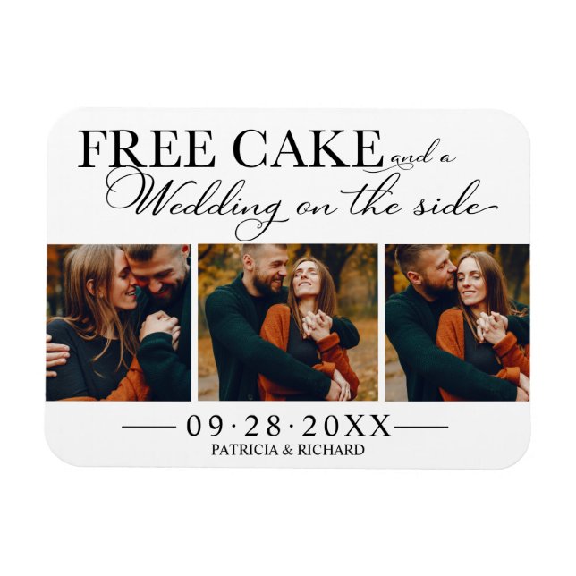 Free Cake Funny Wedding Save The Date 3 Photo Magnet (Horizontal)