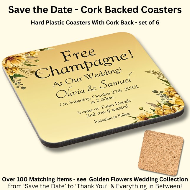 Free Champagne Golden Yellow Flowers Cork Backed Beverage Coaster (Creator Uploaded)