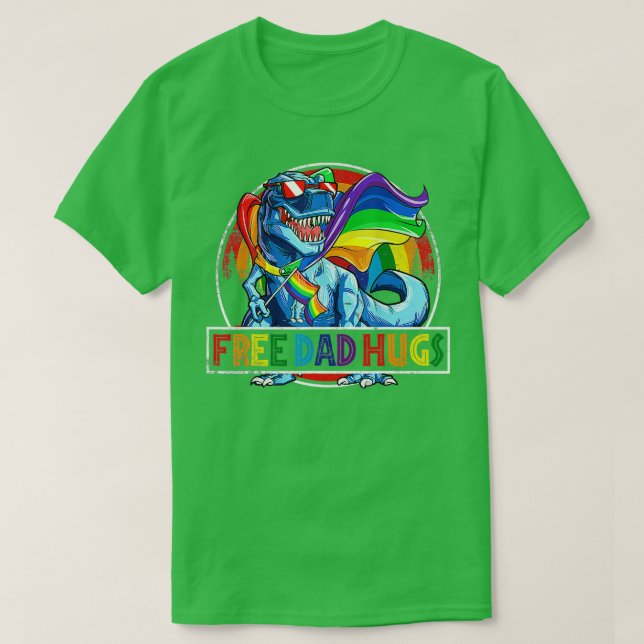 Free Dad Hugs Dinosaur Rex Daddy LGB Pride Rainbow T-Shirt (Design Front)