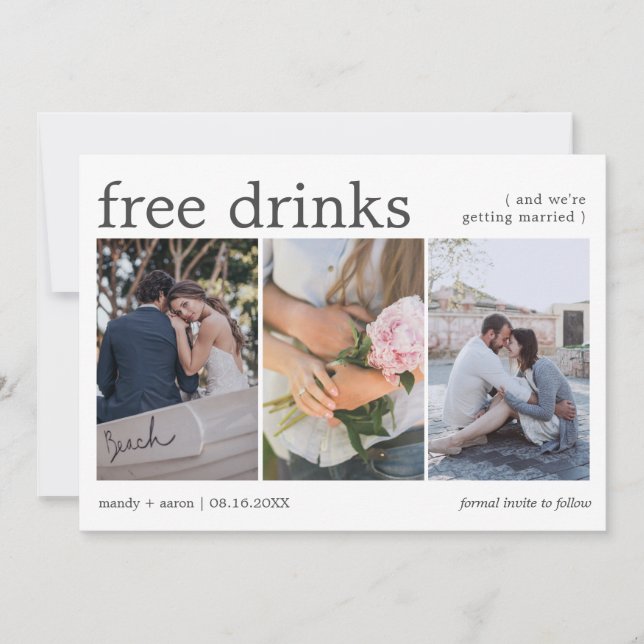 Free Drinks 3 Photo Wedding Save the Date  (Front)