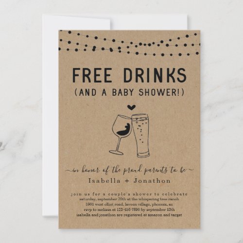 Free Drinks & a Baby Shower Couples Gender Neutral Invitation - Free Drinks (And a Baby Shower!)  Funny invitation wording for a fun Baby Shower.  The beer and wine toast artwork is hand-drawn on a wonderfully rustic kraft background.

Coordinating RSVP, Details, Registry, Thank You cards and other items are available in the 'Rustic Brewery / Winery Line Art' Collection within my store.