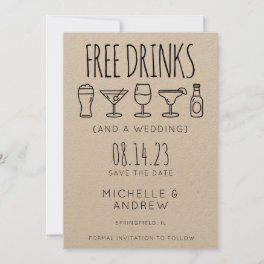 Free Drinks And A Wedding Save the Date Invitation
