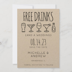 Free Drinks And A Wedding Save the Date Invitation